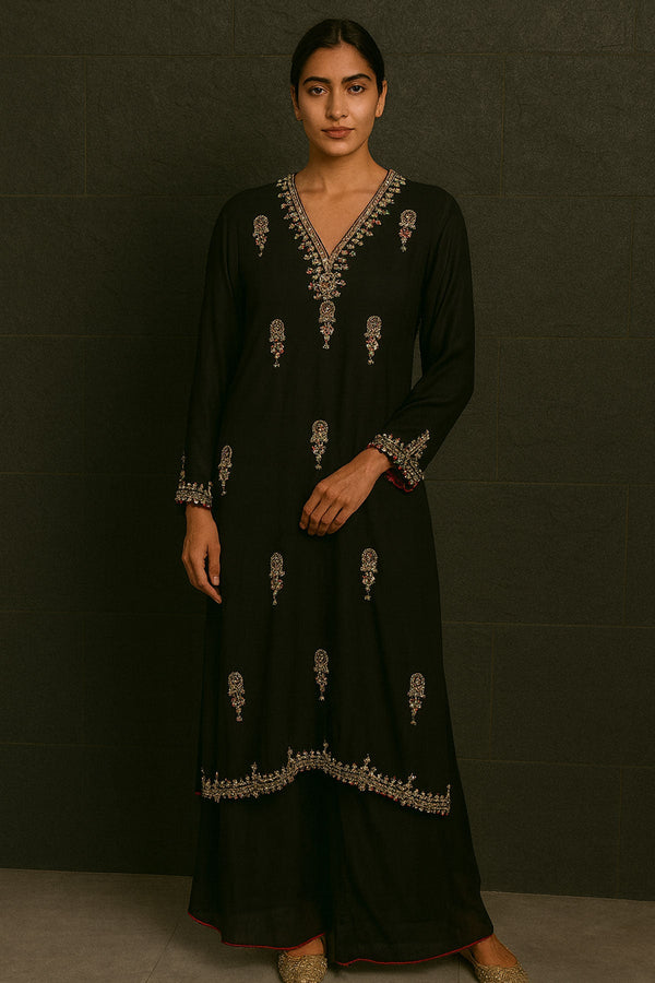 Black Dupion Silk Suit With Salwar Dupatta Set