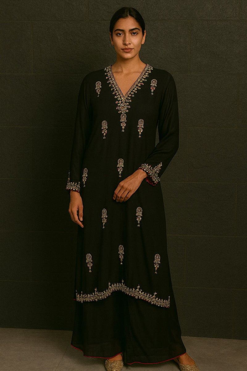 Black Dupion Silk Suit With Salwar Dupatta Set