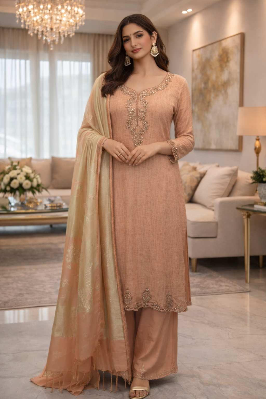 Peach crush tissue suit benarsi dupatta