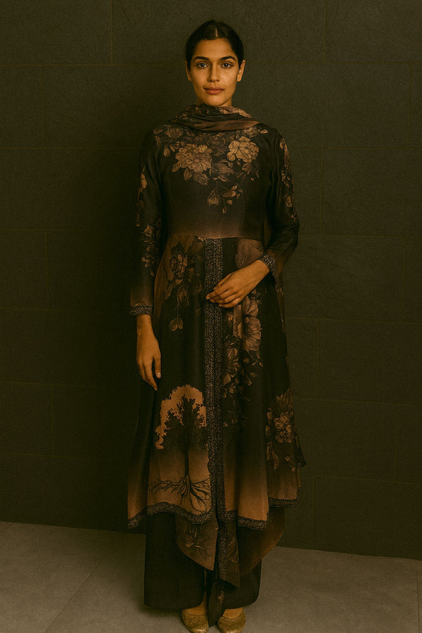 Black Beige Printed Anarkali Suit Set