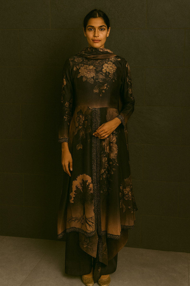 Black Beige Printed Anarkali Suit Set