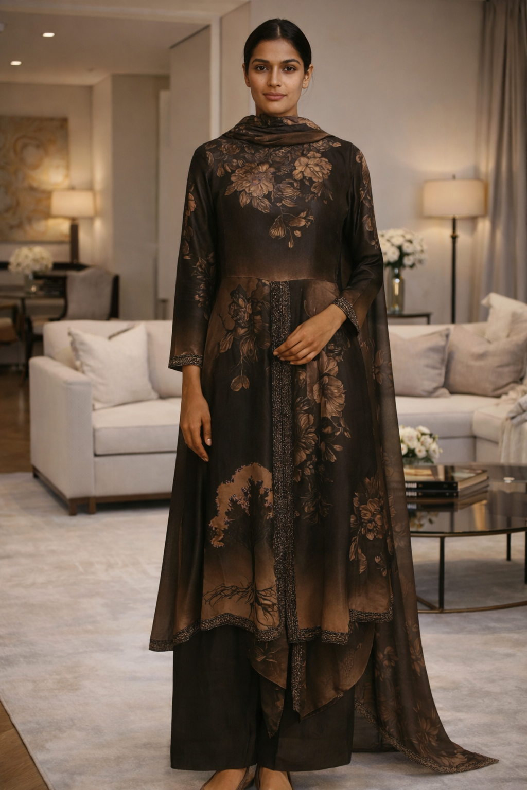 Black Beige Printed Anarkali Suit Set