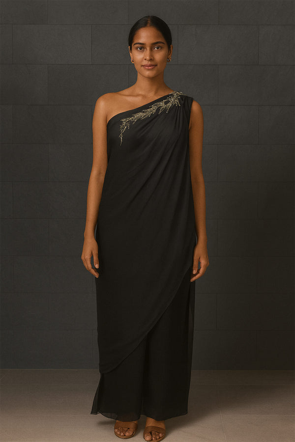 Black Assymetrical Off Shoulder Poncho Trouser Set