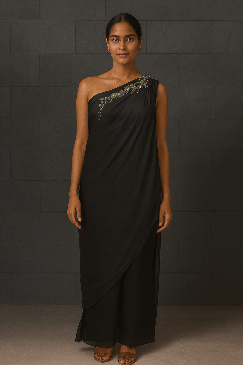 Black Assymetrical Off Shoulder Poncho Trouser Set