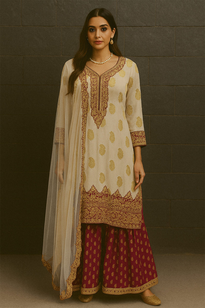 Wine Banarasi Embroidered Sharara Set
