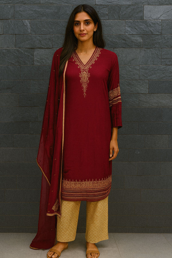 Maroon Shirt Benarsi Trouser Chiffon Dupatta Set