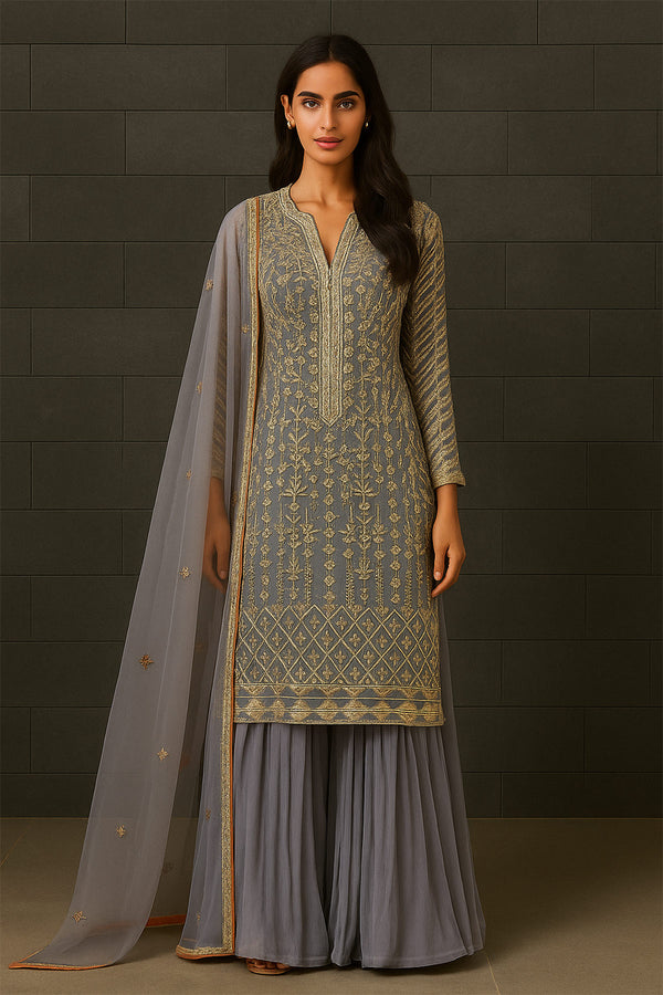 Grey Chiffon Shirt Shimmer Lehenga Set