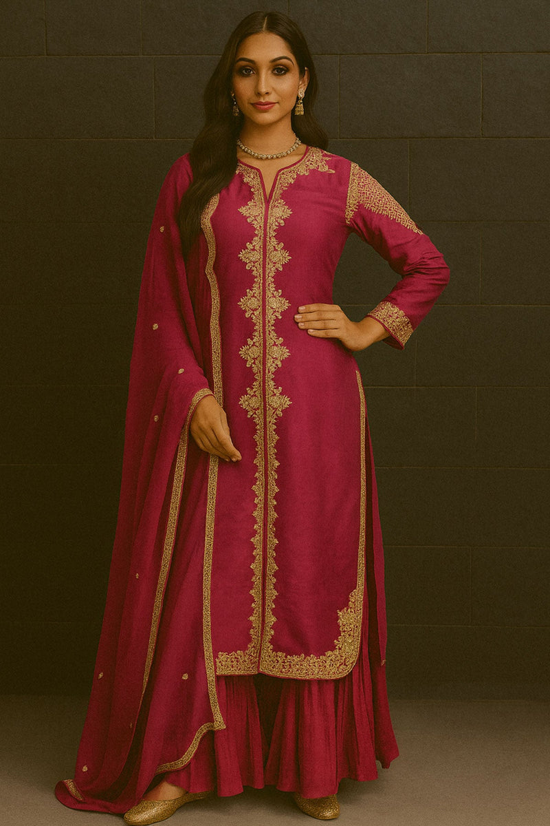 Wine Long Jacket With Crush Silk Sharara Dupatta Set