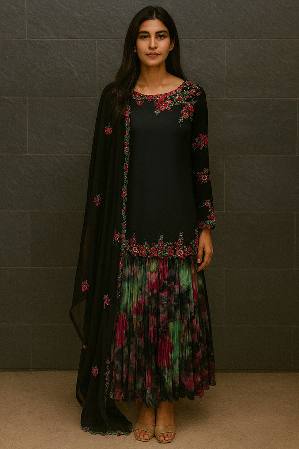 Garara Black Print Short Kurti Multi Resham Emb