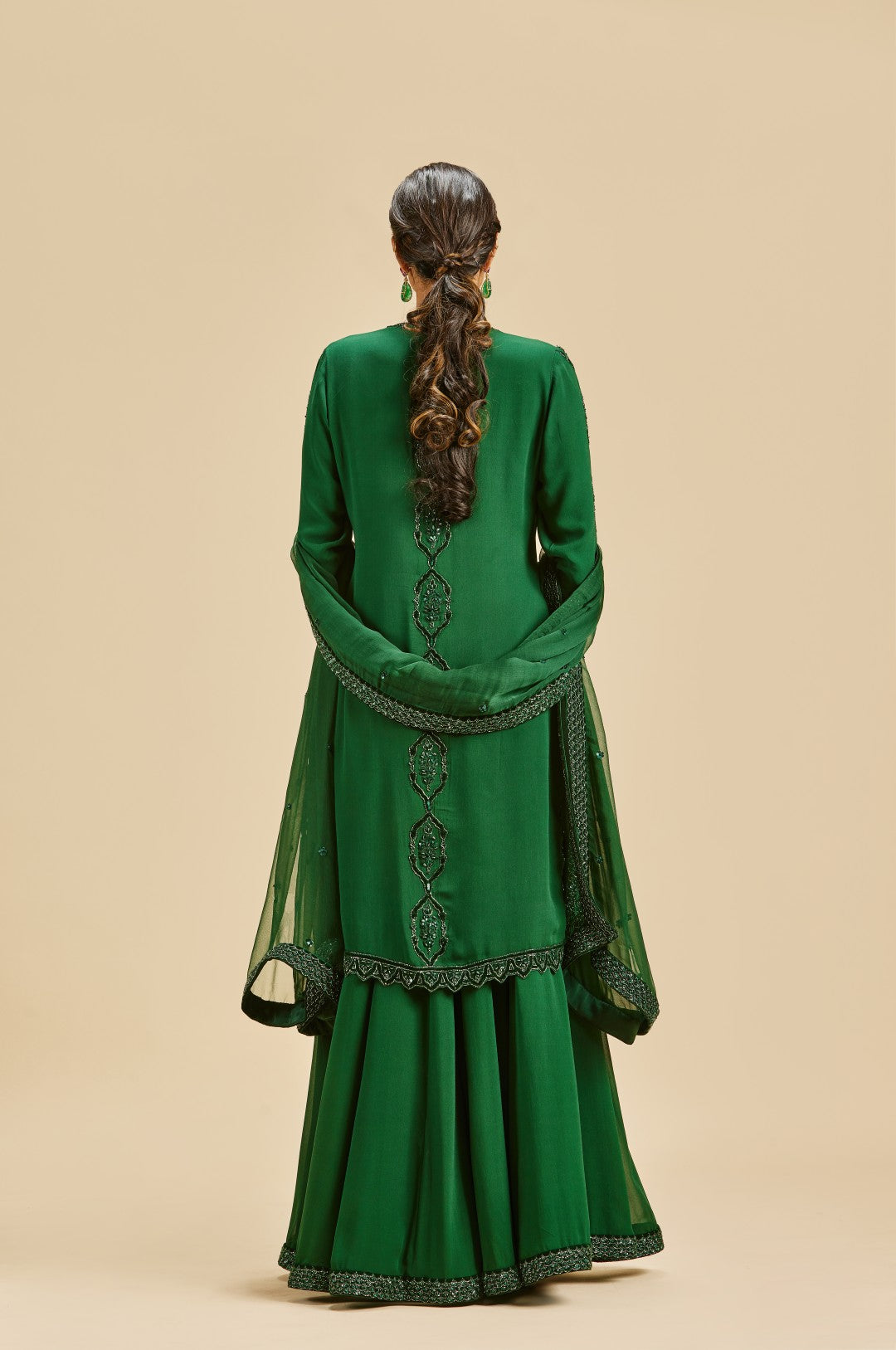 BOTTLE GREEN VELVET APPLIQUE SHARARA SET