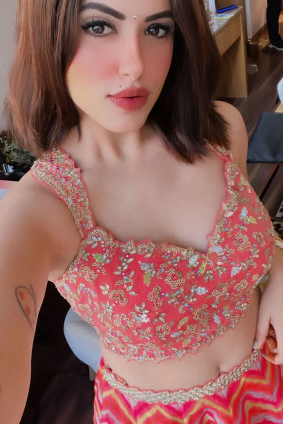 Anulika Choudhary in Coral Organza Printed Lehenga Choli Set