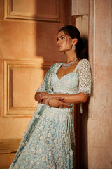 Aqua Ombré Tulle Lehenga Choli Dupatta Set