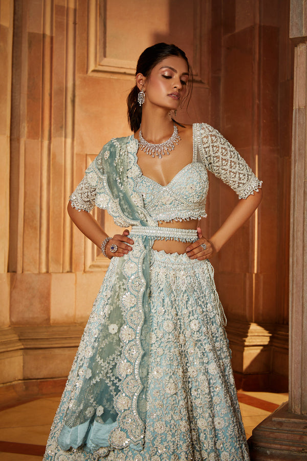 Aqua Ombré Tulle Lehenga Choli Dupatta Set