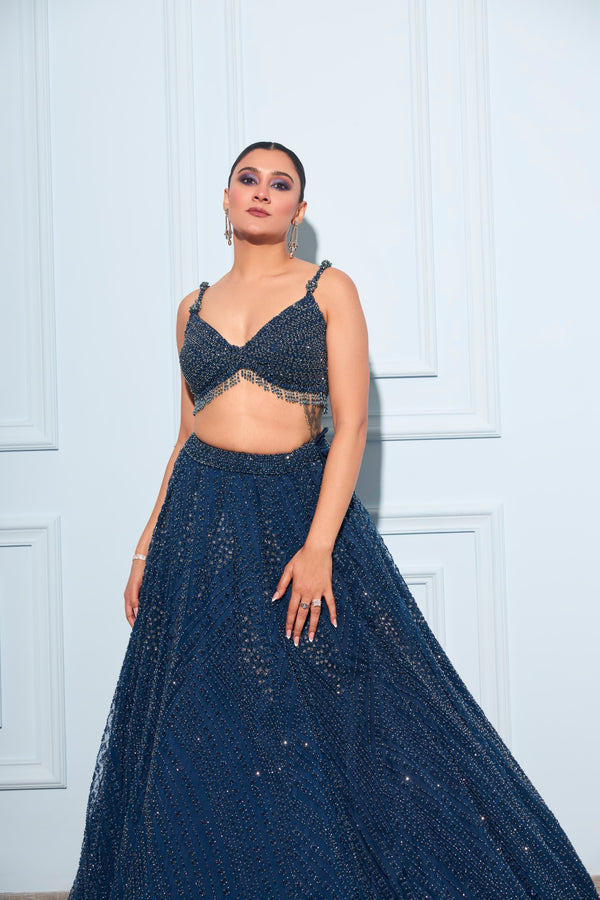 Aastha Gill In Midnight Blue Lehenga Choli Set