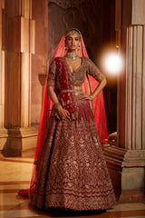 Jannat Khan In Blood Red Raw Silk Lehenga Choli and Belt with Tulle Dupatta with an Optional Lighter Second Dupatta