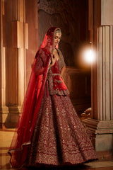 Jannat Khan In Blood Red Raw Silk Lehenga Choli and Belt with Tulle Dupatta with an Optional Lighter Second Dupatta