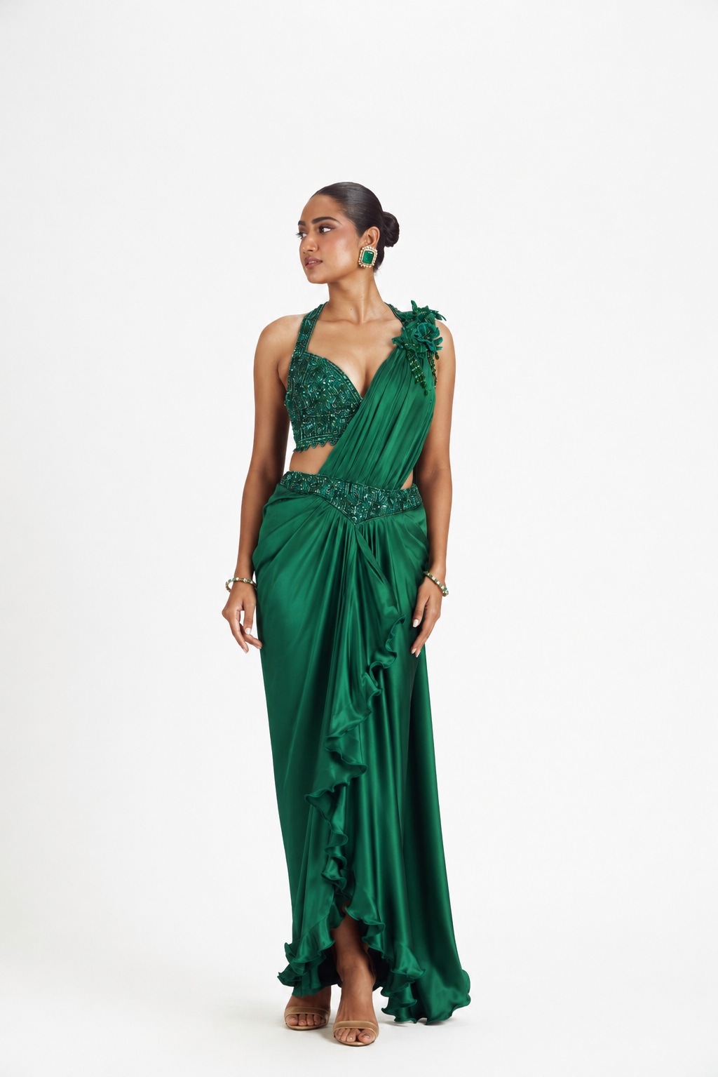 EMERALD GREEN SATIN SAREE