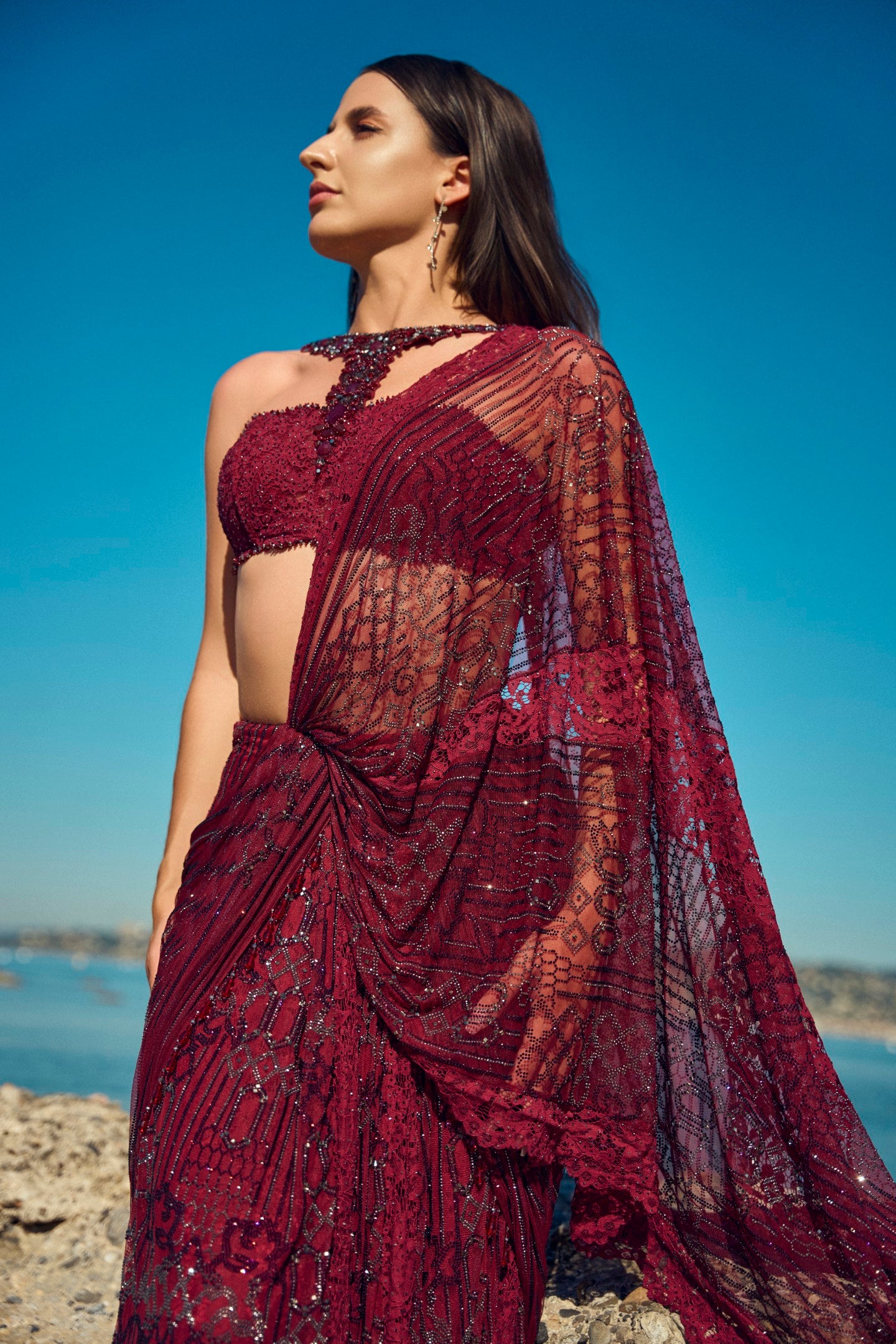 Burgundy Net Crystal Work Drape Saree
