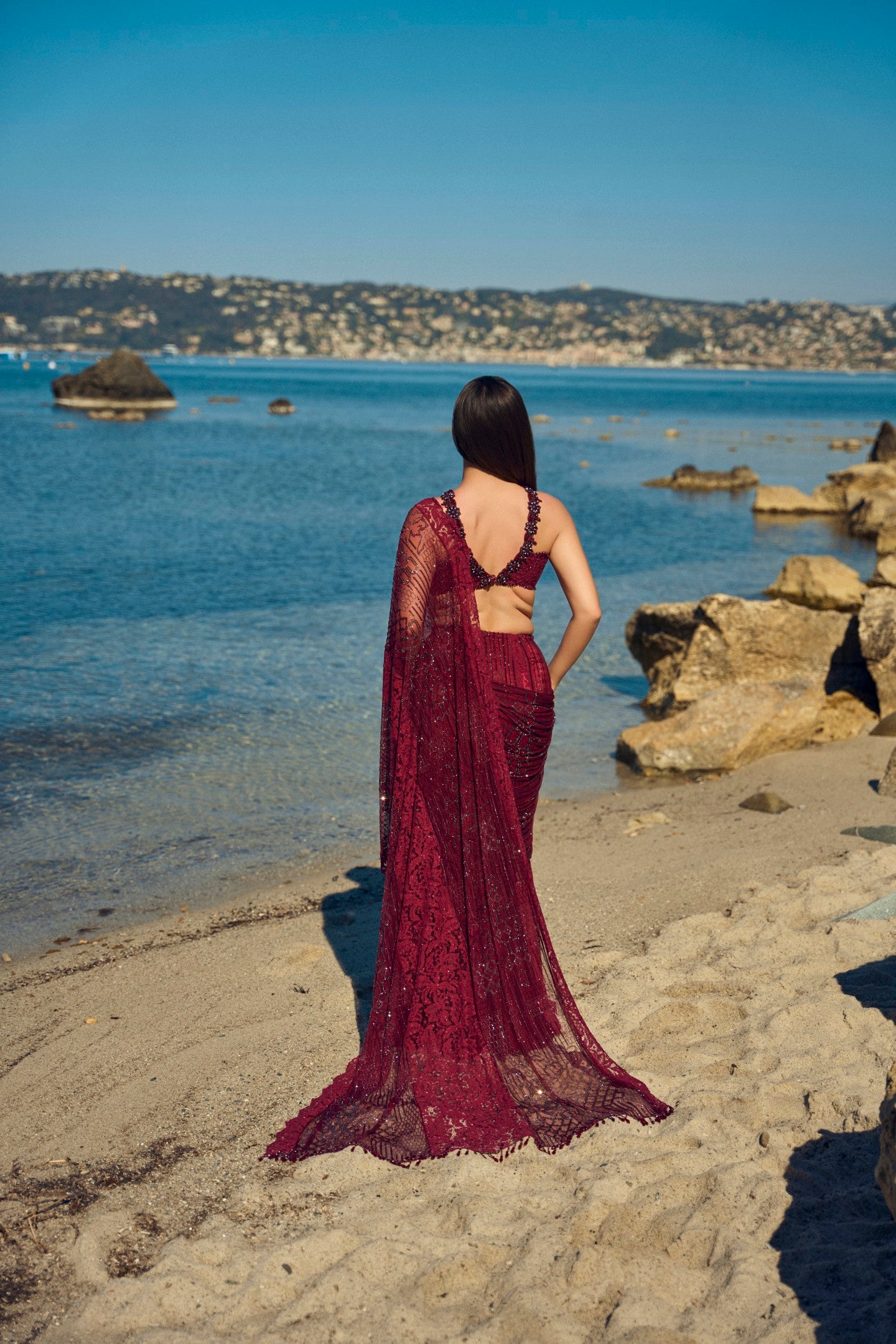 Burgundy Net Crystal Work Drape Saree