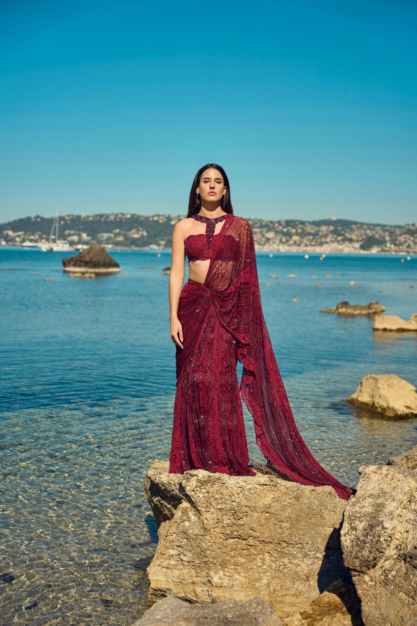 Burgundy Net Crystal Work Drape Saree