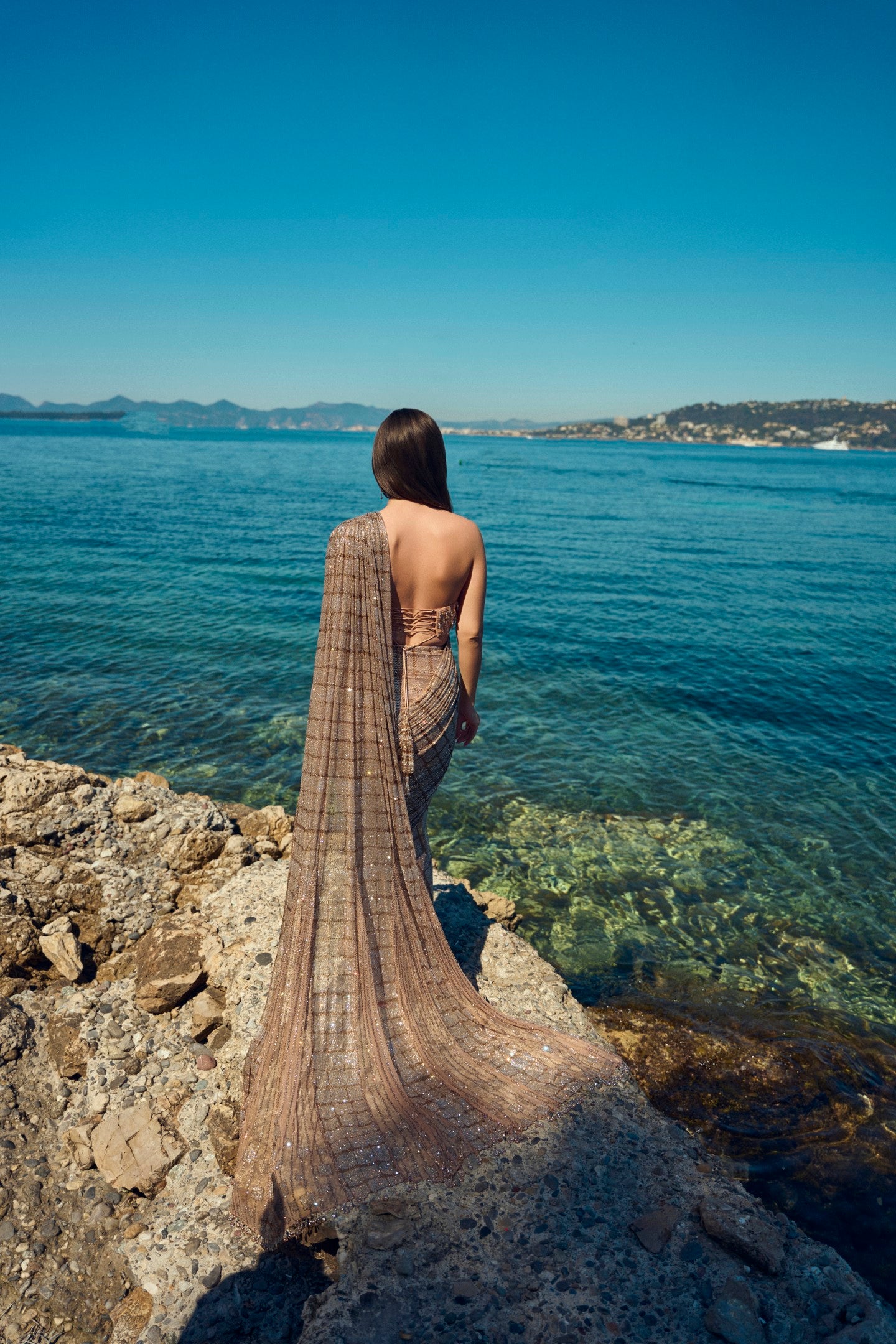 Champagne Net Crystal Work Draped Saree