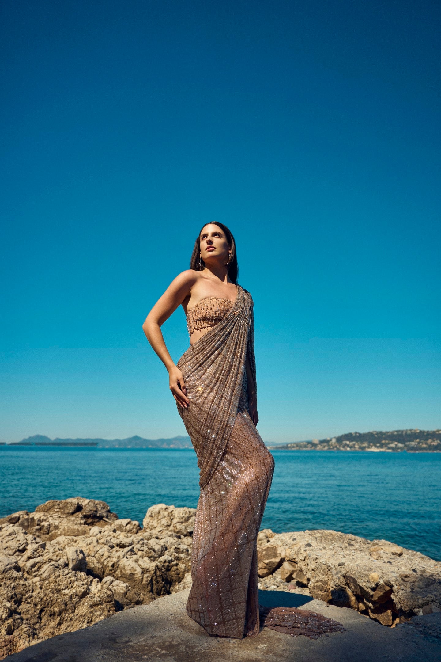 Champagne Net Crystal Work Draped Saree