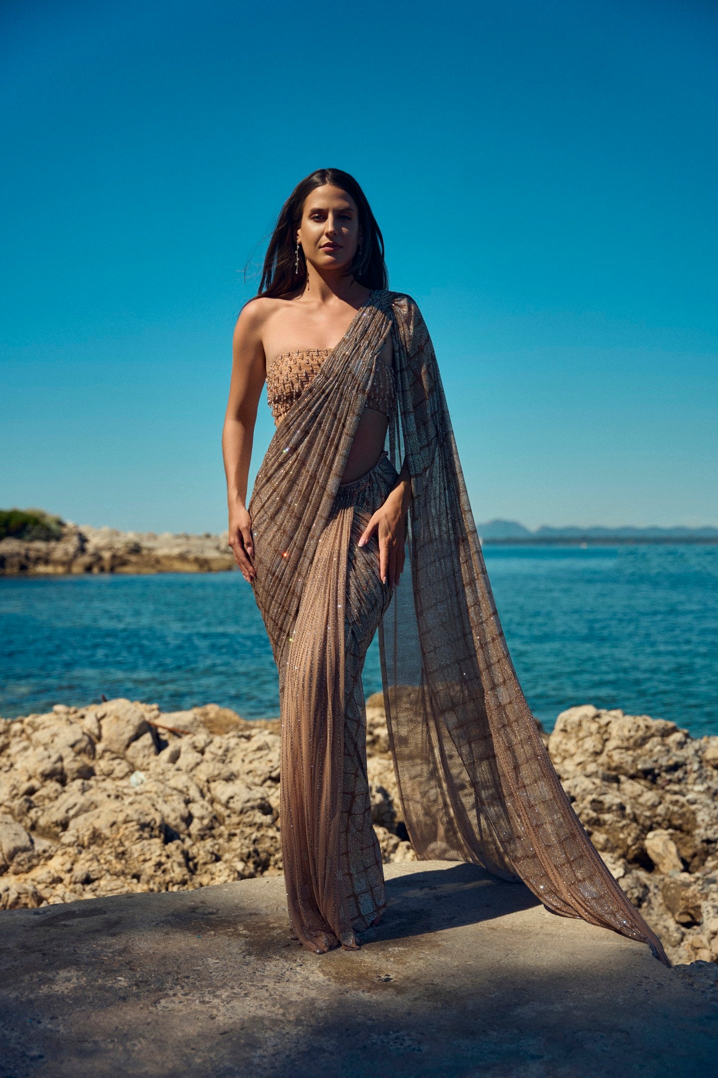 Champagne Net Crystal Work Draped Saree