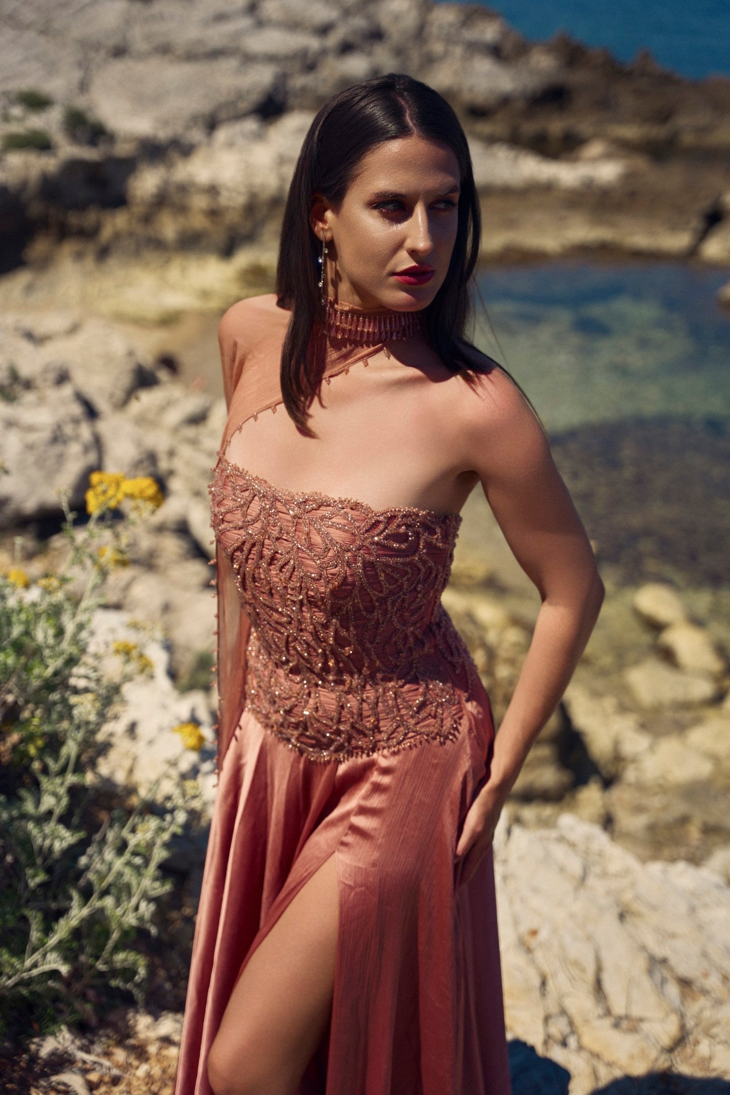 Peach Off-Shoulder Gown with Dupatta