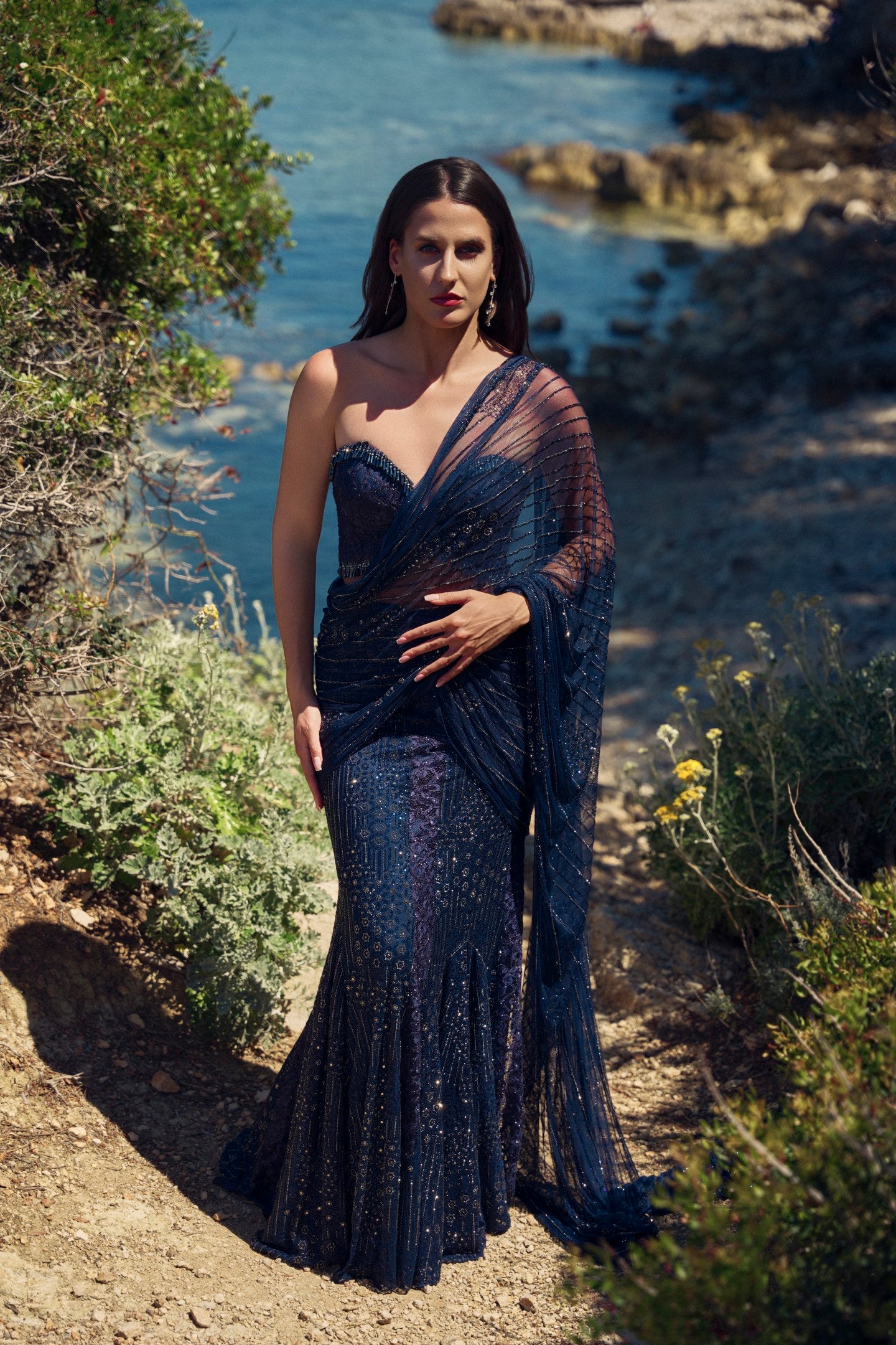 Navy Blue Drape Saree Crystal Work