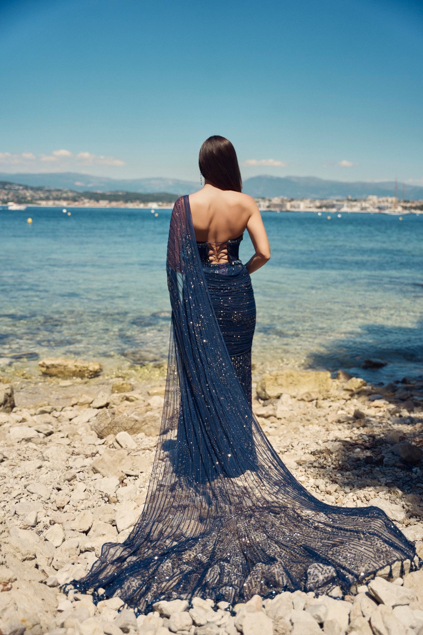 Navy Blue Drape Saree Crystal Work