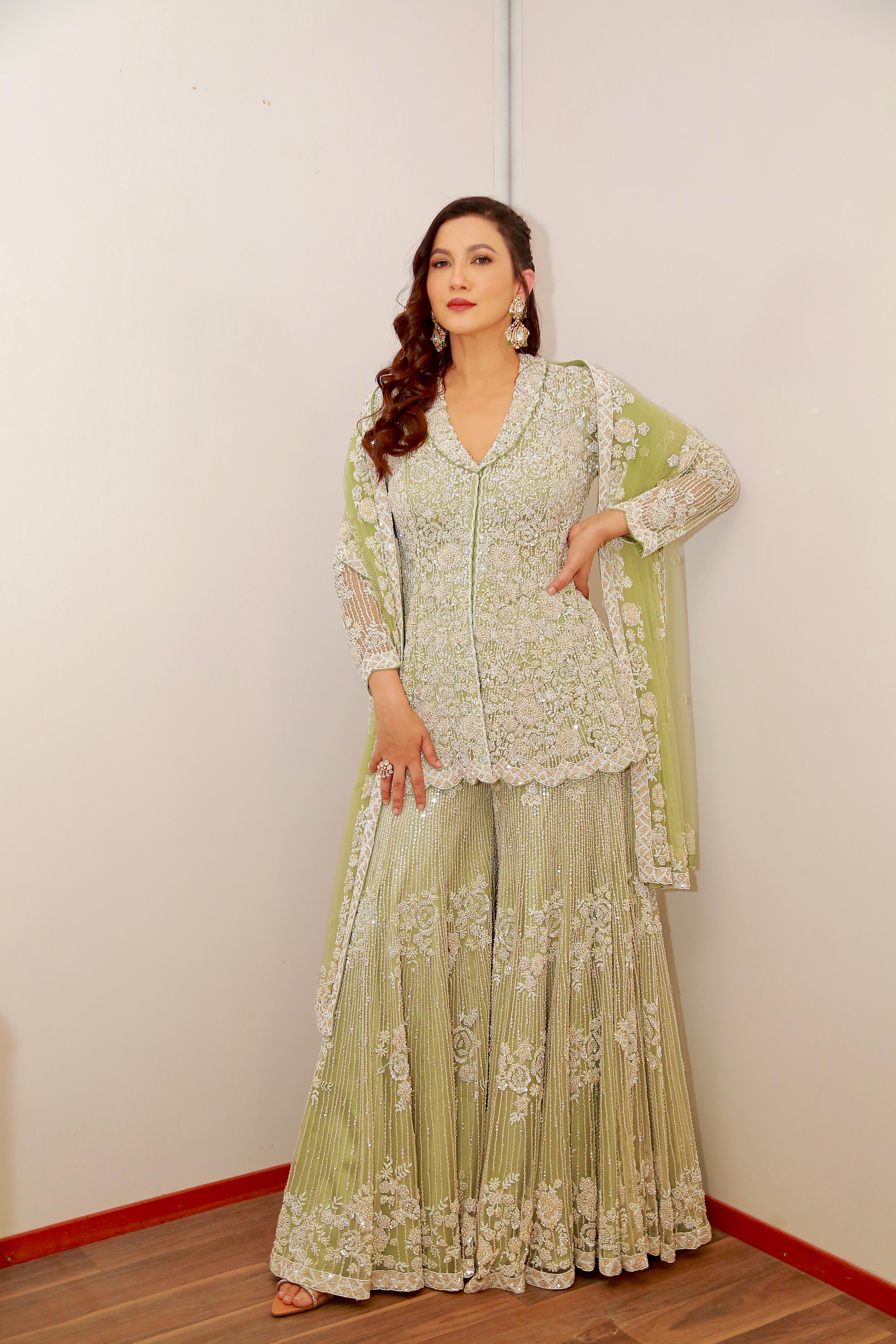 Gauahar Khan In CARDAMOM COLOUR HEAVY SHARARA SET