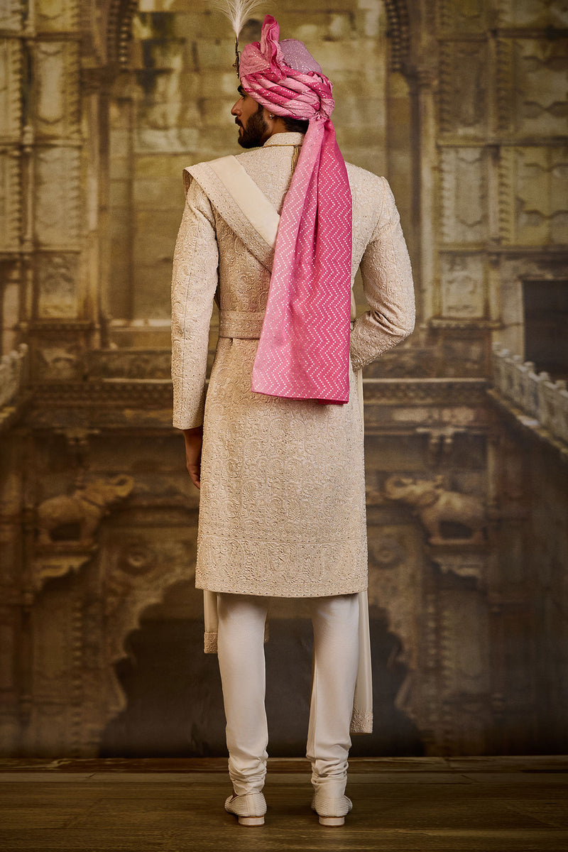 IVORY SHERWANI WITH KURTA AND CHURIDAR
