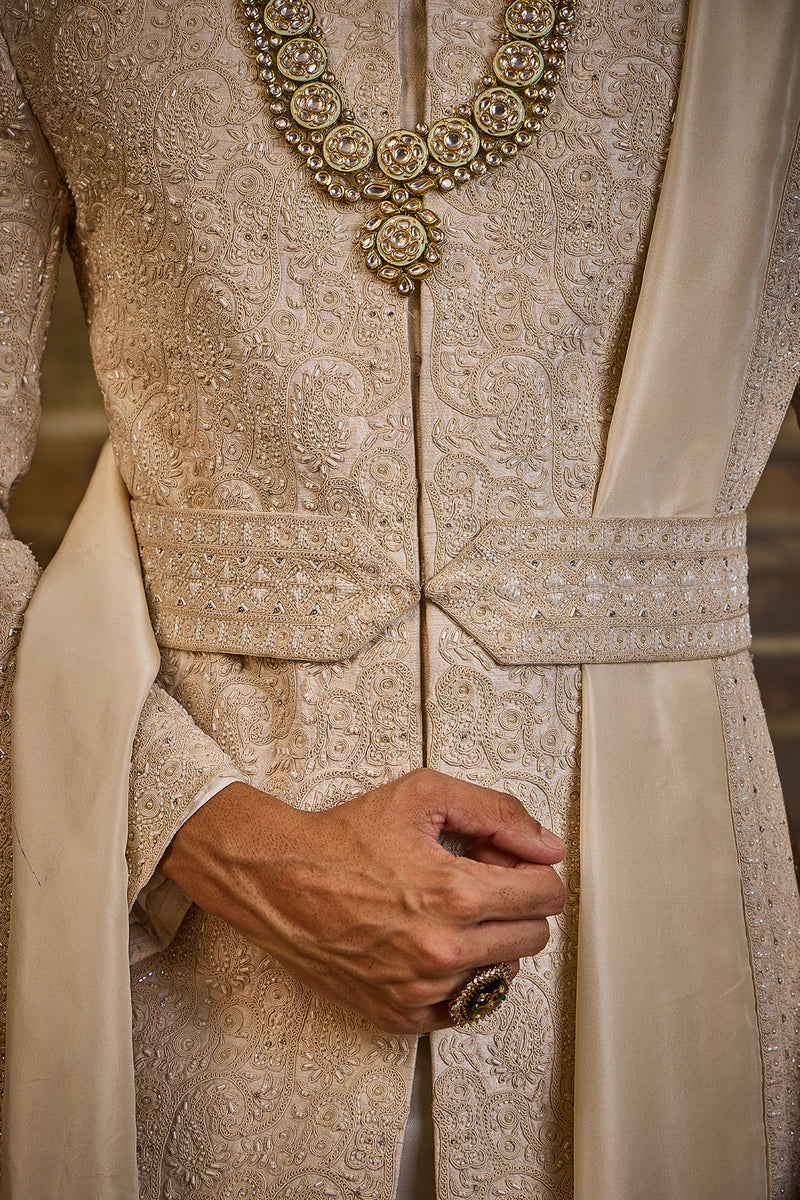 IVORY SHERWANI WITH KURTA AND CHURIDAR
