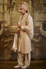 LIGHT BEIGE MORROCAN PATTERN EMBROIDERY SHERWANI SET