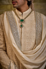 LIGHT BEIGE MORROCAN PATTERN EMBROIDERY SHERWANI SET