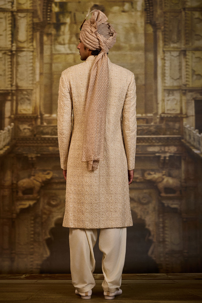 LIGHT BEIGE MORROCAN PATTERN EMBROIDERY SHERWANI SET