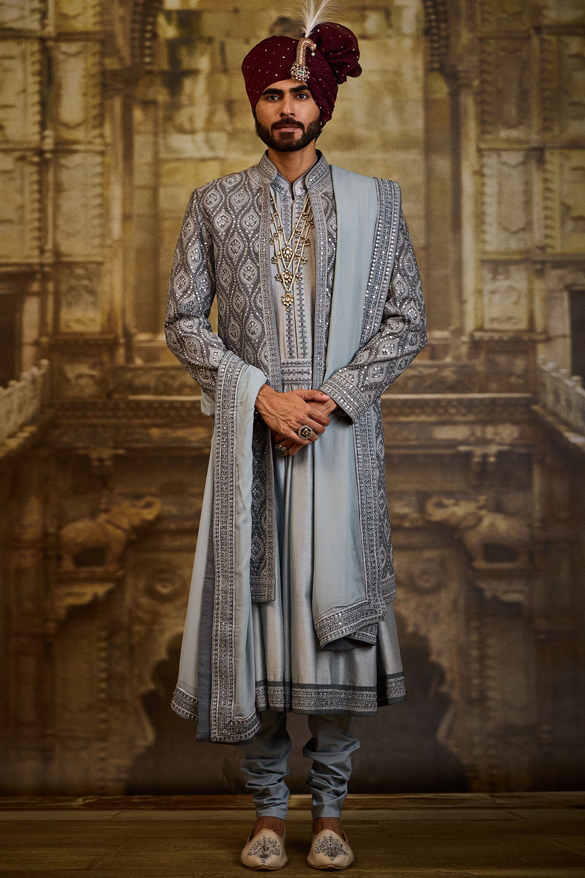 BLUE GREY OPEN SHERWANI JACKET WITH CHOGA AND CHURIDAR