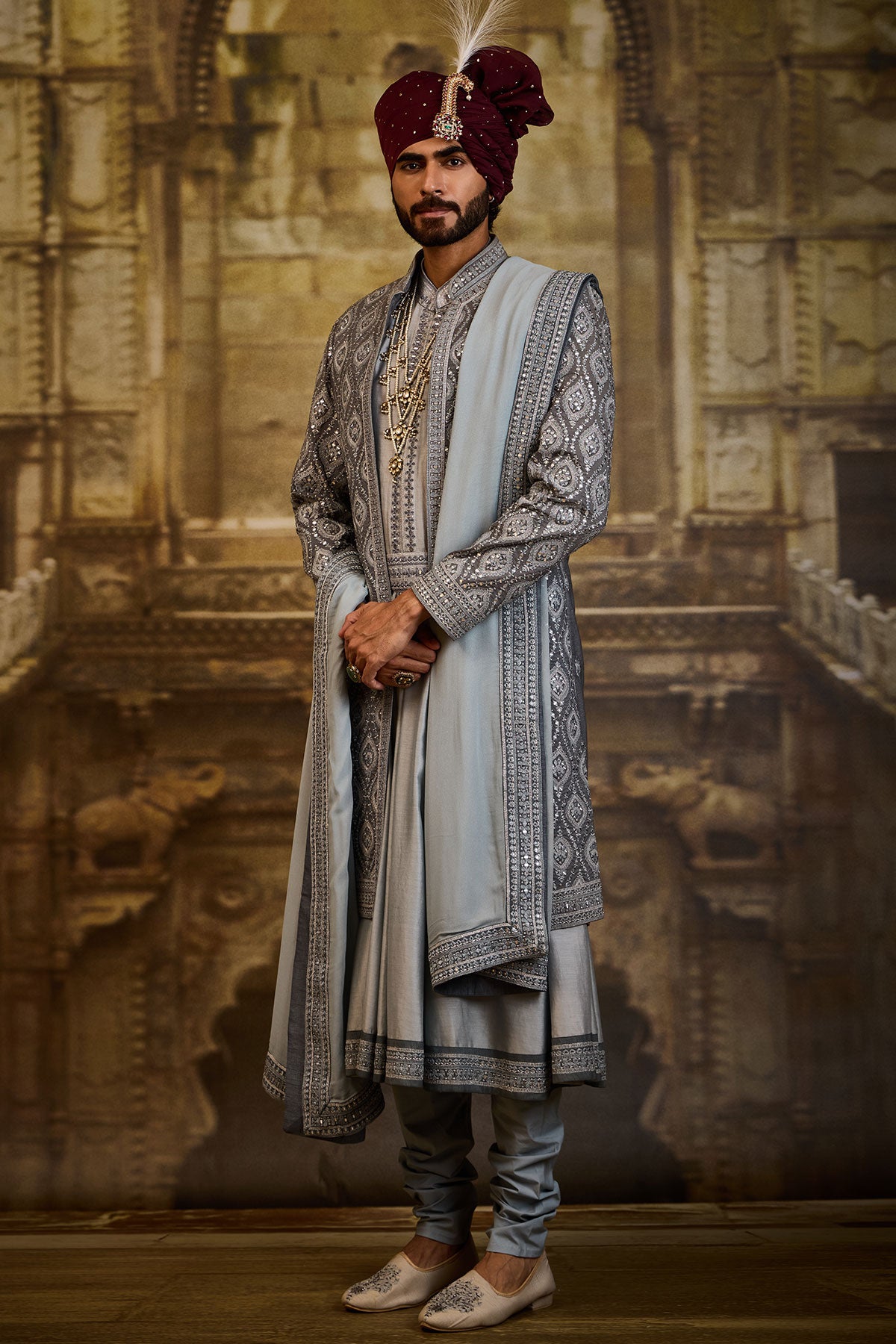 BLUE GREY OPEN SHERWANI JACKET WITH CHOGA AND CHURIDAR