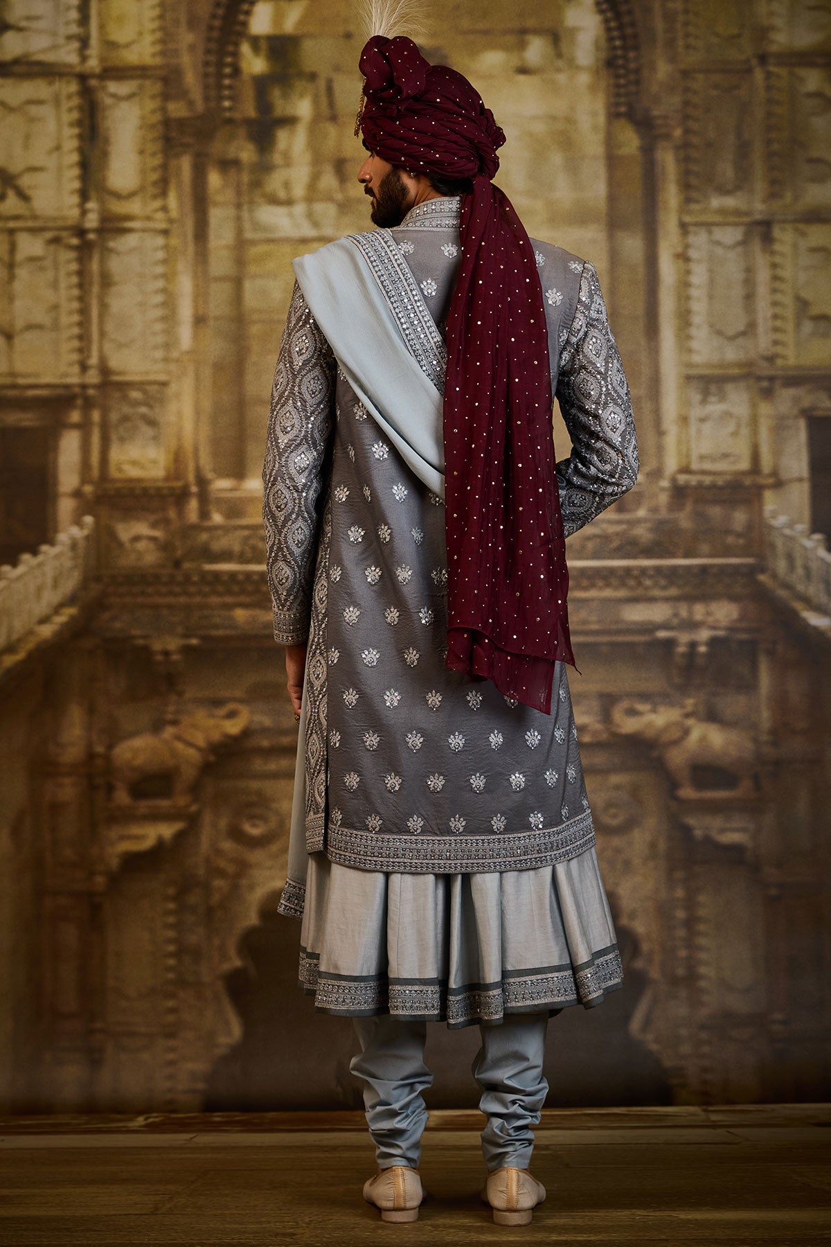 BLUE GREY OPEN SHERWANI JACKET WITH CHOGA AND CHURIDAR
