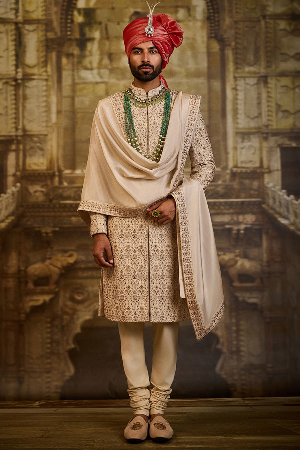 BEIGE RAW SILK SHERWANI KASAB EMBROIDERY