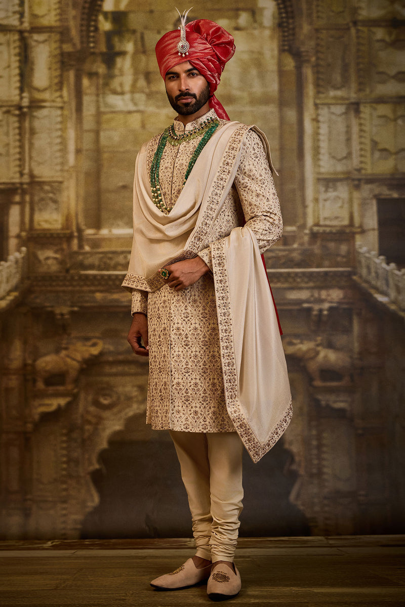 BEIGE RAW SILK SHERWANI KASAB EMBROIDERY