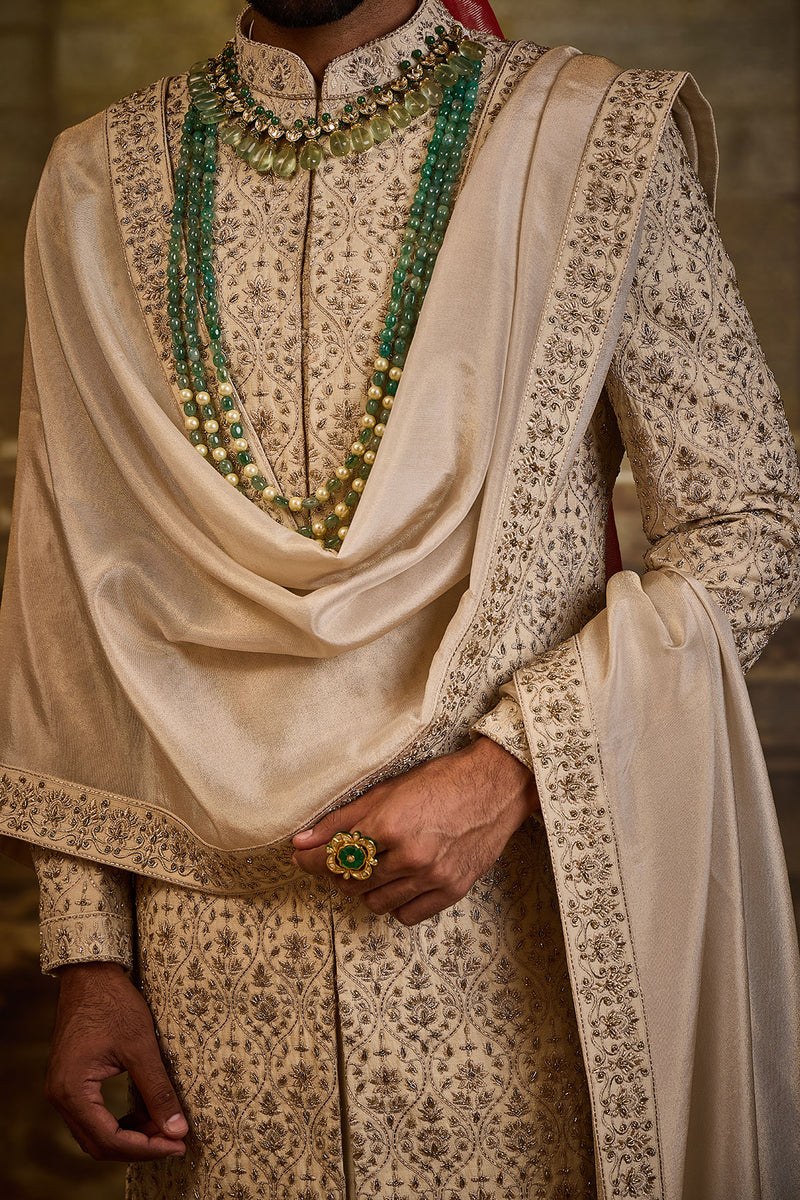 BEIGE RAW SILK SHERWANI KASAB EMBROIDERY