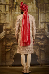 BEIGE RAW SILK SHERWANI KASAB EMBROIDERY