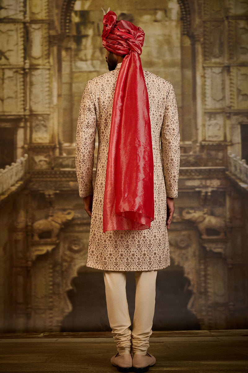 BEIGE RAW SILK SHERWANI KASAB EMBROIDERY