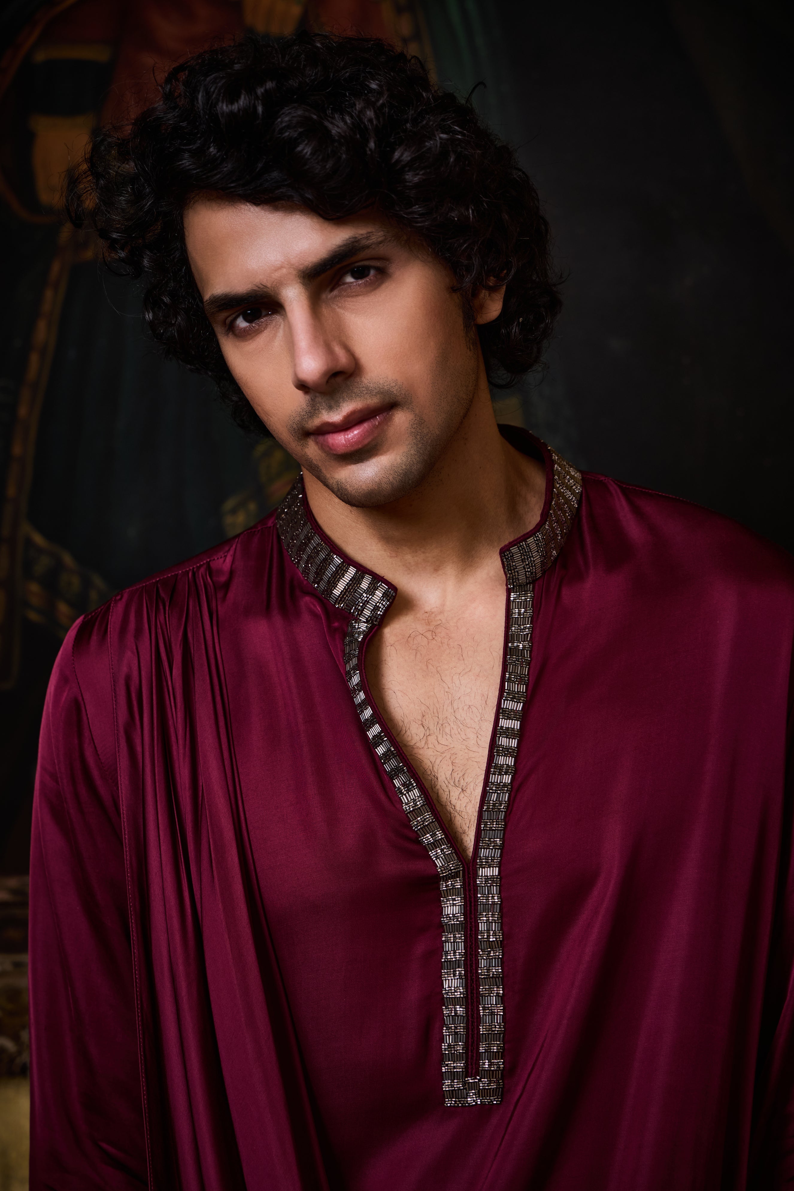 Burgundy Draped  Satin Kurta Cowled Salwar Set
