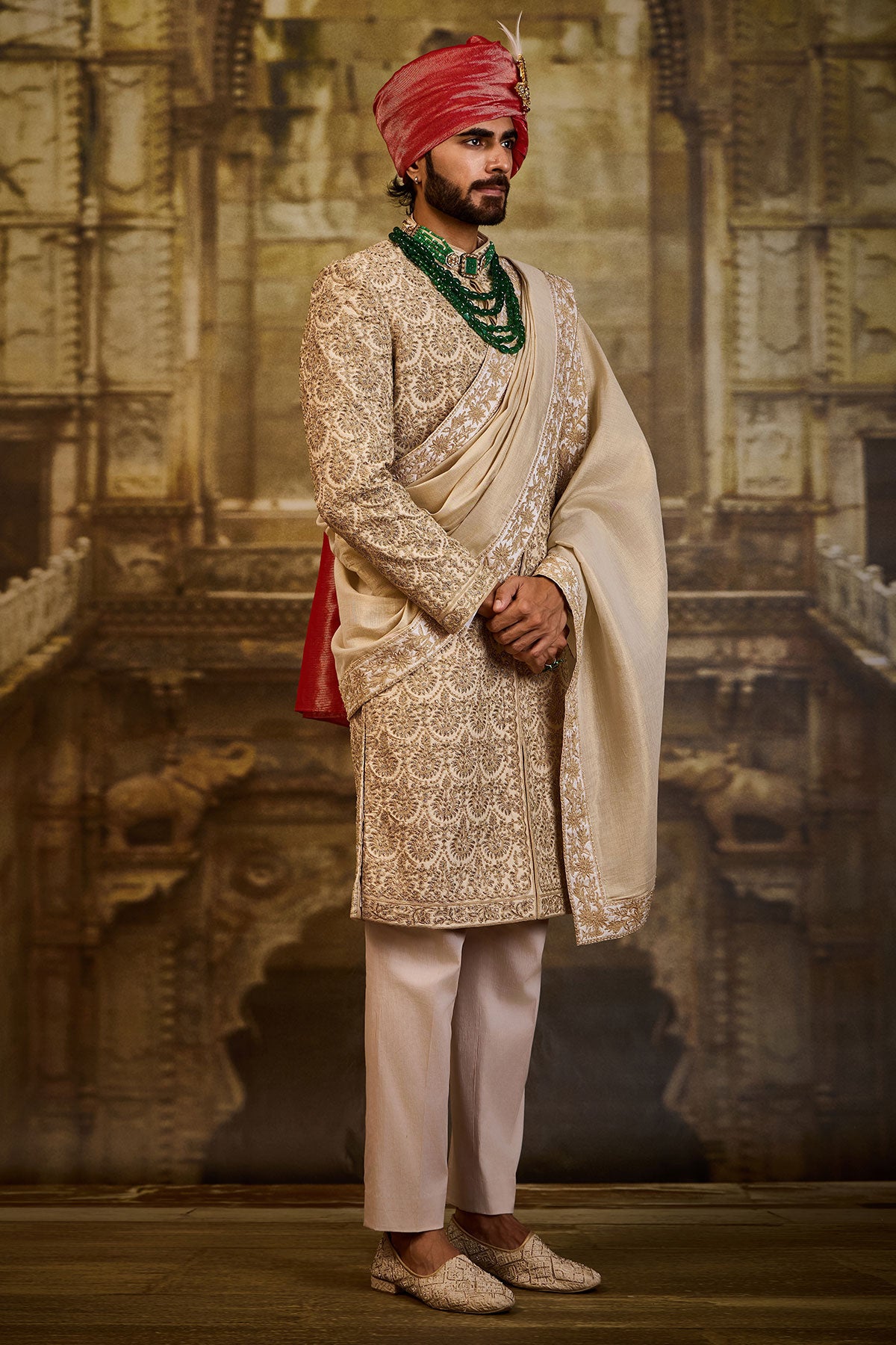 BLUSH RAW SILK SHERWANI BEIGE DORI WORK