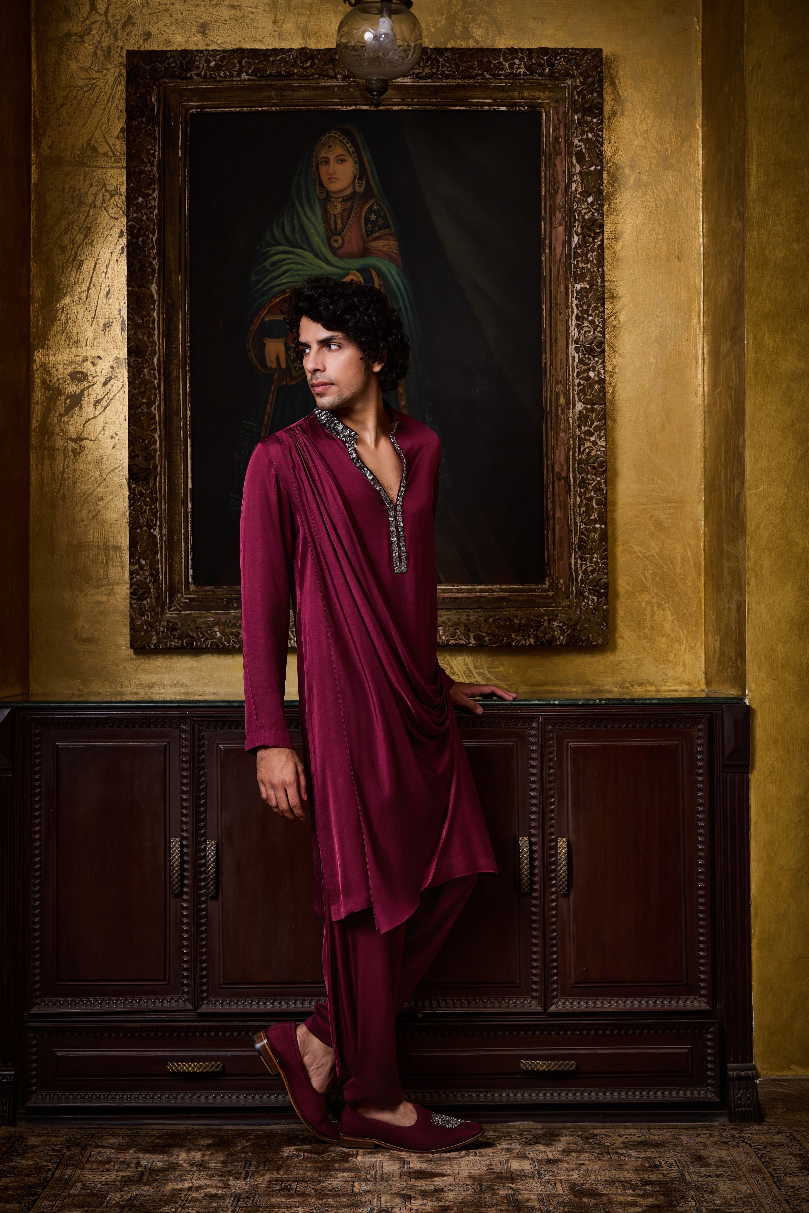 Burgundy Draped  Satin Kurta Cowled Salwar Set