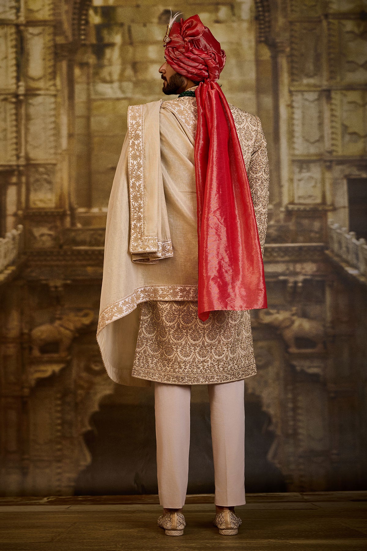 BLUSH RAW SILK SHERWANI BEIGE DORI WORK