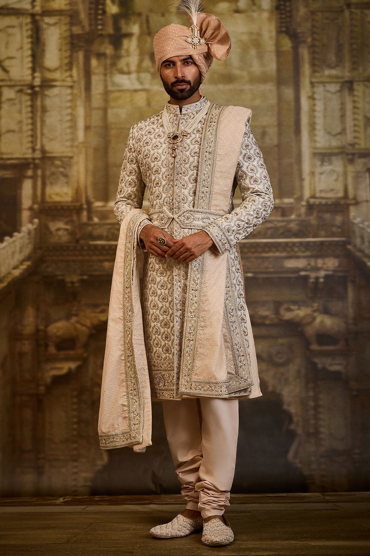 IVORY TAFFETA SILK SHERWANI BEIGE FRENCH KNOTS AND ZARDOZI WORK
