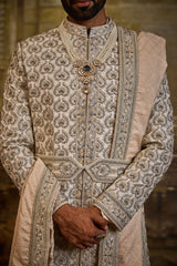 IVORY TAFFETA SILK SHERWANI BEIGE FRENCH KNOTS AND ZARDOZI WORK